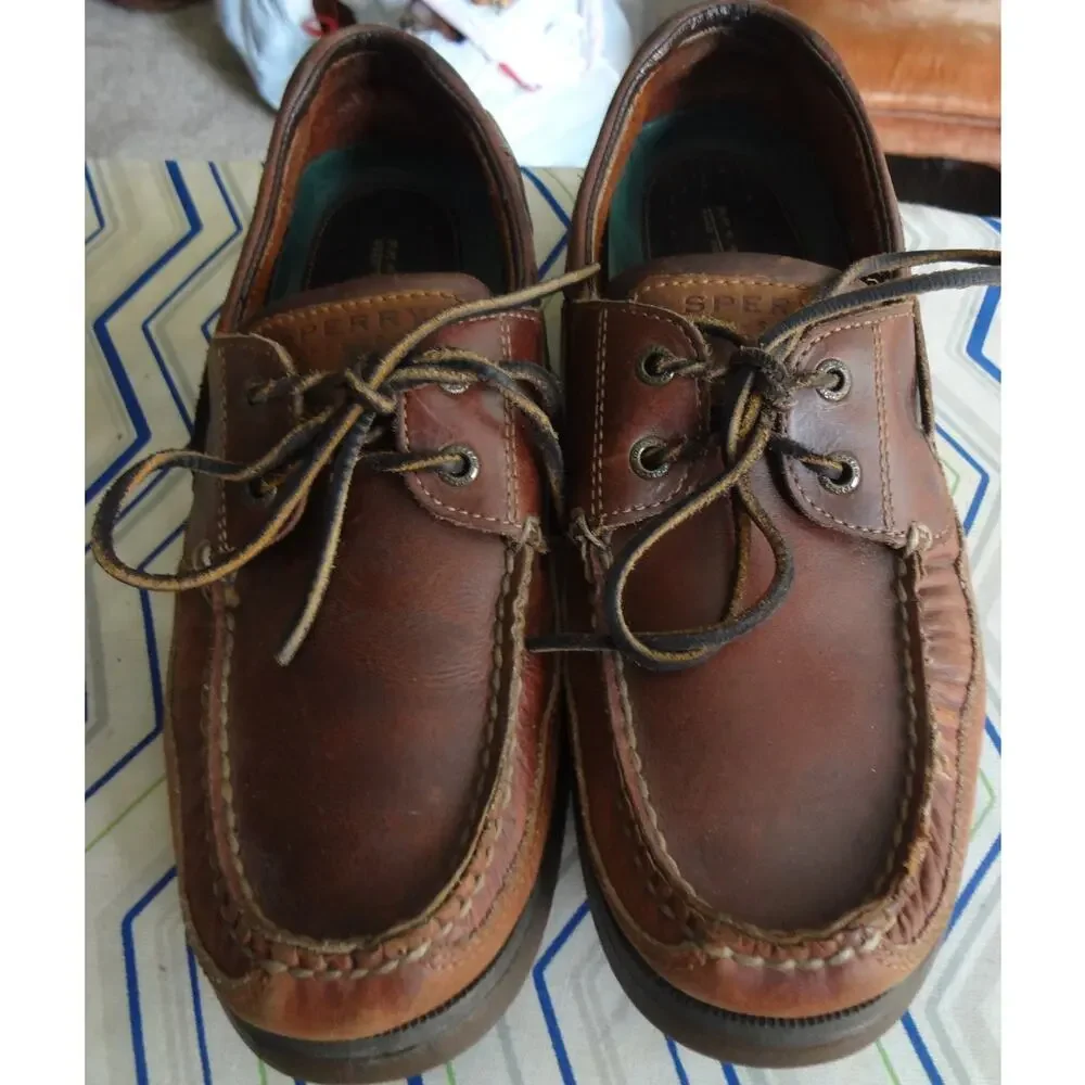Vintage Sperry Top Sider Mako Brown Leather Loafers Boat Men 10.5 Moc Toe 2 Eye